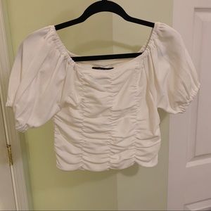Ruffle ruched cream off white blouse shirt